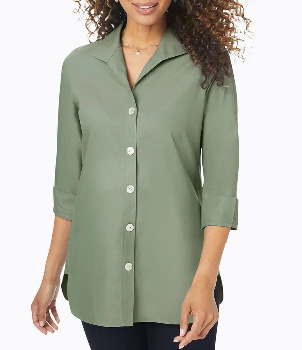 Foxcroft Pandora Solid Non-Iron Pinpoint Oxford Button Front Wing Collar Neck 34 Sleeve Tunic, Womens, 16, Autumn Ivy