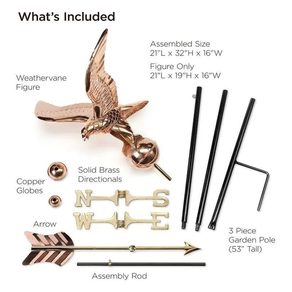 Eagle Garden Weathervane with Garden Pole - Polished Copper - Good Directions