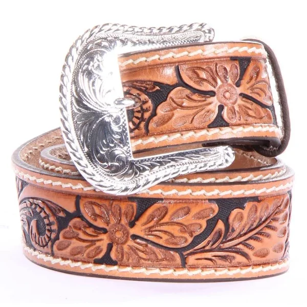 38in. Tony Lama Floral Hand Tooled Western Leather Men Belt Tan