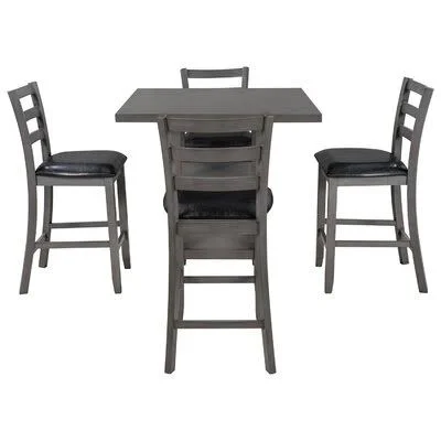 5-Piece Wooden Counter Height Dining Set - Square Dining Table with 2-Tier Storage Shelving and 4 Padded Chairs, Gray August Grov