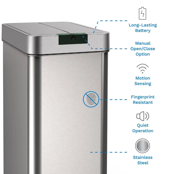 Homelabs 13 Gallon Automatic Trash Can for Kitchen - Stainless Steel Garbage Can with No Touch Motion Sensor Butterfly Lid and I