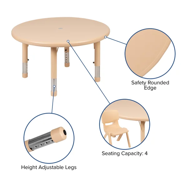 Lancaster Home 33 inch Round Plastic Height Adjustable Activity Table - School Table for 4 Natural, Beige