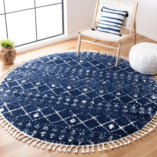 Safavieh 6&-7x22 x 6&-7x22 Square Berber Fringe Shag BFG519N Dark Blue - Ivory Rug