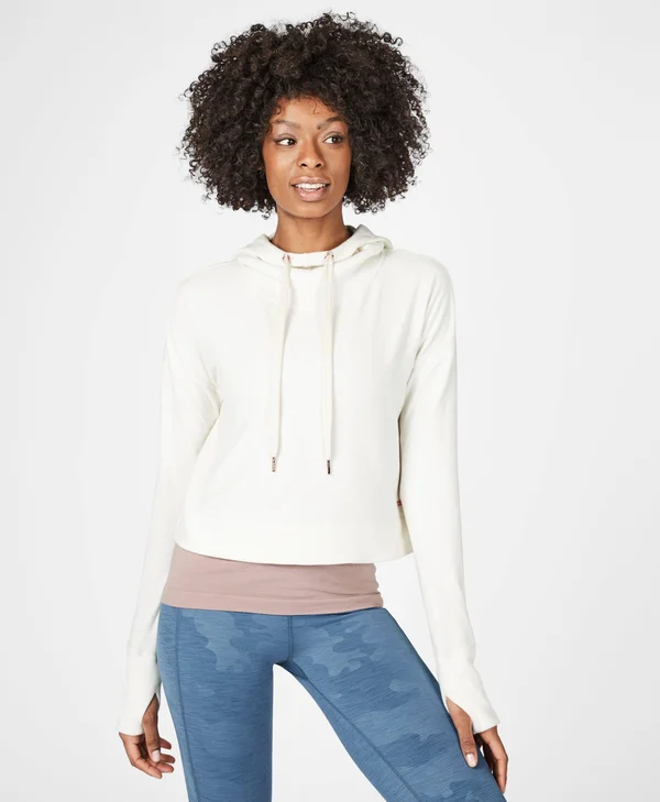 Sweaty Betty Escape Luxe Fleece Cropped Hoodie, White, Women's L