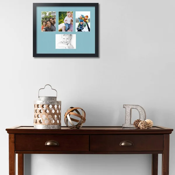 Collage Picture Frame - Satin Black Frame with 4 openings for 5x7 Photos with French Blue Mat. D3926FB149, ArtToFrames