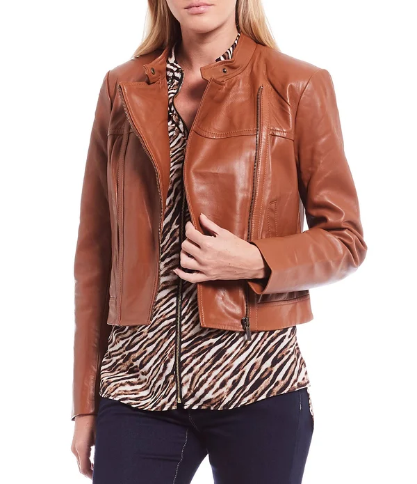 Michael Michael Kors - Leather Moto Jacket, Brown, Xs