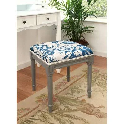 Grey Peony Linen Upholstered Vanity Stool with Distressed Grey Finish and Welting Ophelia & Co. Frame Color: Gray, Seat Colo