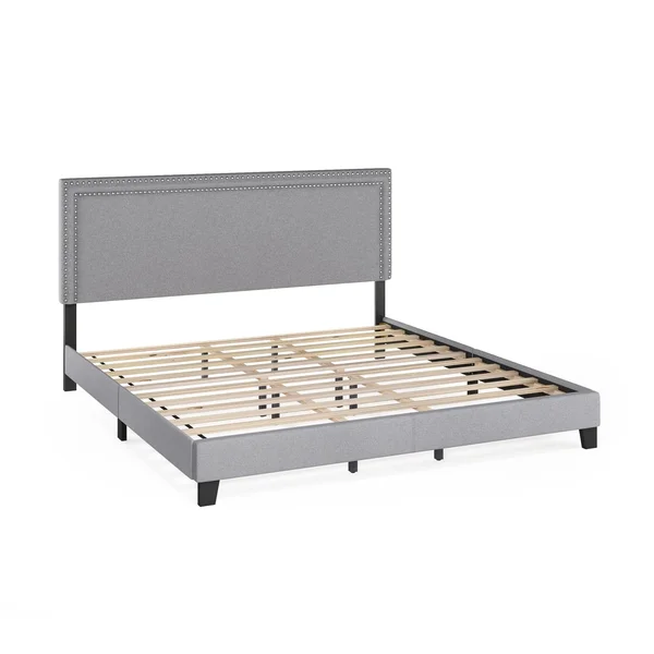 Furinno Laval Double Row Nail Head 12pc Slat Style Bed Frame - Queen, Linen