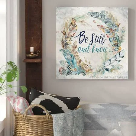 Bungalow Rose &Feather Wreath: Be Still and Know& Watercolor Painting Print on Wrapped Canvas - Size: 48 inch x 48 inch, Beige