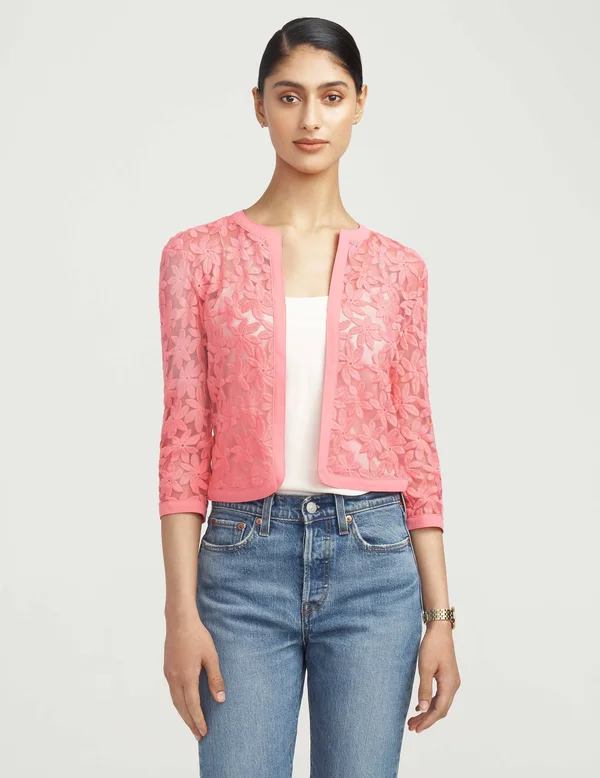 Anne Klein Broderie Cardigan, 6, Pink