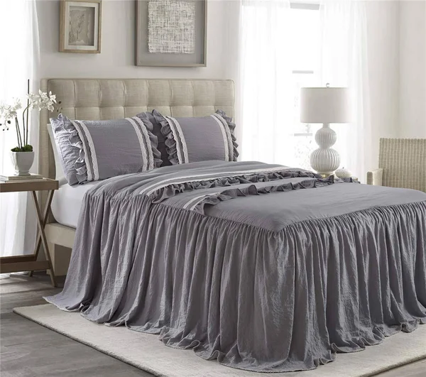 Hig 3 Piece Ruffle Skirt Bedspread Set Queen-Gray Color 30 Inches Drop Ruffled Style Bed Skirt Coverlets Bedspreads Dust Ruffles