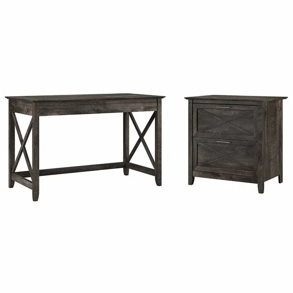 Bush Furniture Key West 48x22 Engineered Wood Writing Desk with Lateral File Cabinet, Dark Gray Hickory (KWS003GH)