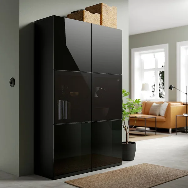 IKEA - BESTÅ Storage Combination w/Glass Doors - Black-brown/Selsviken High Gloss/Black Smoked Glass, 47 1/4x16 1/2x76