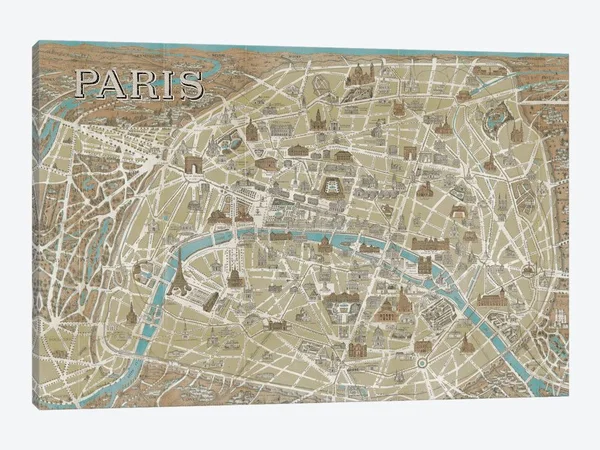 Wild Apple Portfolio Paintings on Canvas Art - Monuments of Paris Map - Blue Print