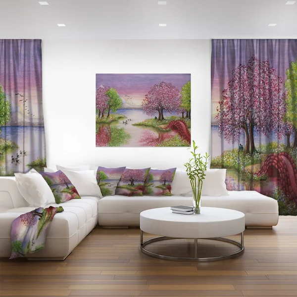Design Art Romantic Lake in Pink and Green - Extra Large Wall Art Landscape, 32 in. Wide x 16 in. High