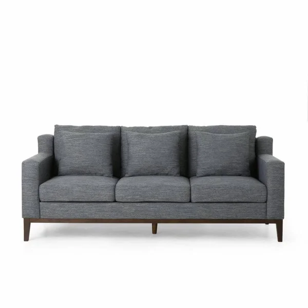Noble House Ovando Fabric 3 Seater Sofa with Accent Pillows - Charcoal and Dark Walnut, Gray