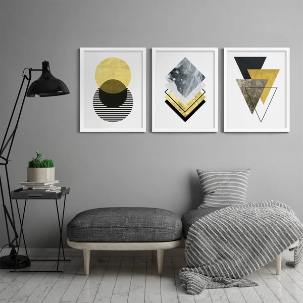 Americanflat Triptych Wall Art Minimalist Geo by Monica Pop - Set of 3 Black Framed Prints - Size: 22 x 28, Gold