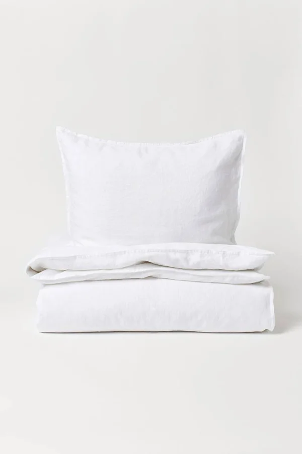 Hu0026M Home - Washed Linen Duvet Cover Set - White - Size: USTWIN