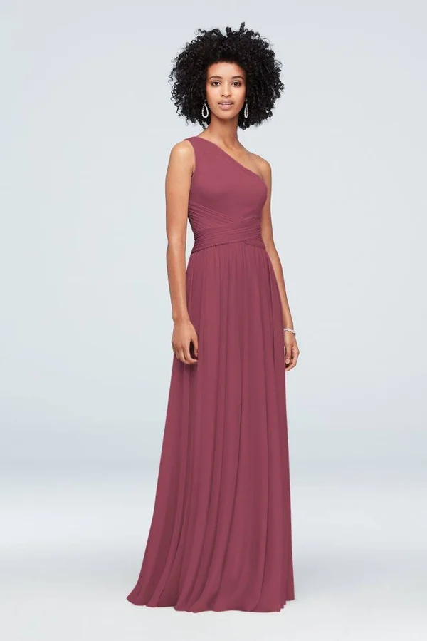 One-Shoulder Mesh Bridesmaid Dress with Full Skirt - Chianti - 4
