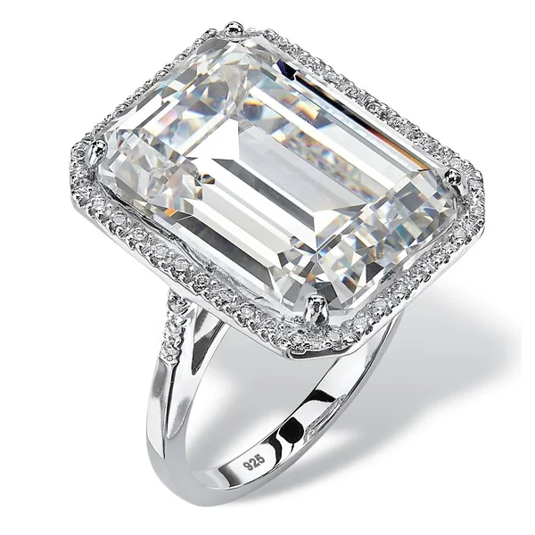 19.57 TCW Emerald-Cut Cubic Zirconia Halo Ring in Platinum Over Sterling Silver