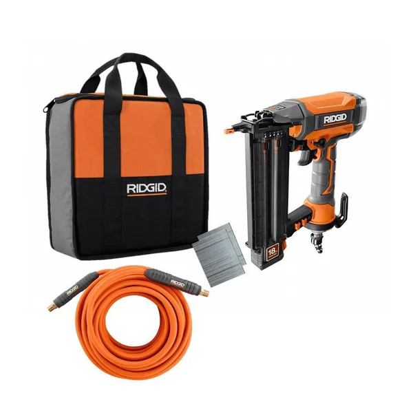 Ridgid 18-Gauge 2-1/8 in. Brad Nailer w/ Clean Drive Technology - Tool Bag, and Sample Nails w/ 1/4 in. 50 ft. Lay Flat Air Hose
