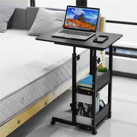 Mobile Standing Desk with Storage Shelves Height Adjustable Sofa Side Table C Table with Wheels for Small Spaces Snack Table Por