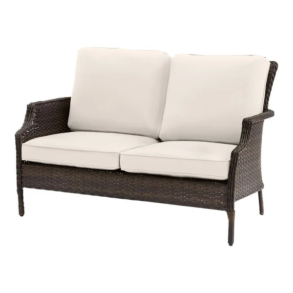 Hampton Bay Grayson Brown Wicker Outdoor Patio Loveseat with CushionGuard Almond Tan Cushions