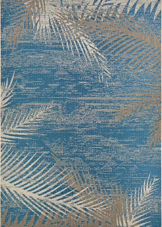 7.5' x 10.75' Blue and Beige Tropical Palms Rectangular Outdoor Area Throw Rug