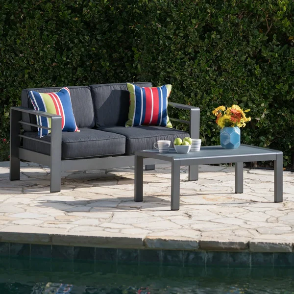 Cybele Doris Outdoor Silver Aluminum Loveseat and Coffee Table Set with Water Resistant Cushions - Light Teal