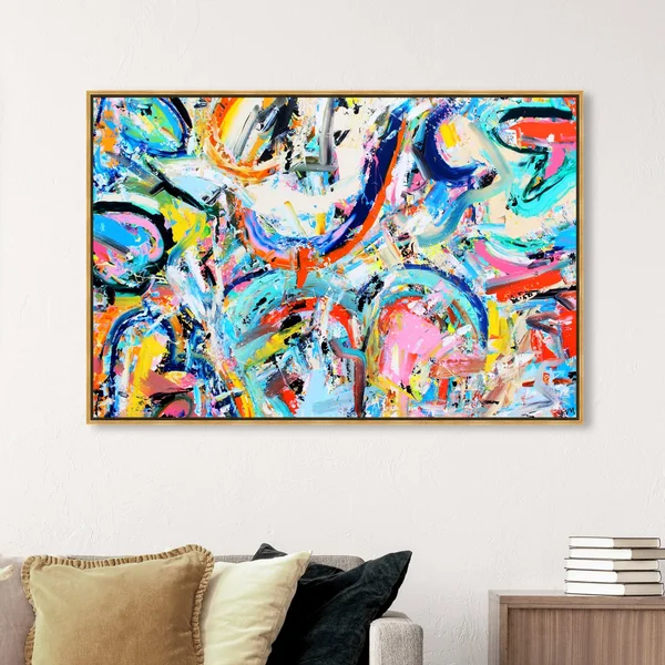 Oliver Gal Abstract Wall Art Framed Canvas Prints 'Vita Loqui by Tiago Magro' Paint - Blue, Pink - 54 x 36 - Gold