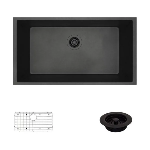 Rene R3-1006-CAR-ST-CGF Carbon Single Bowl Undermount Composite Granite Kitchen Sink with Grid and Matching Colored Flange