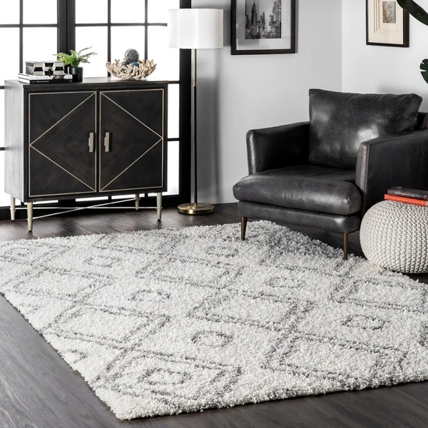 Palm Canyon Pico Moroccan Trellis White/ Grey Easy Shag Rug - 9&2 x 12& (White)
