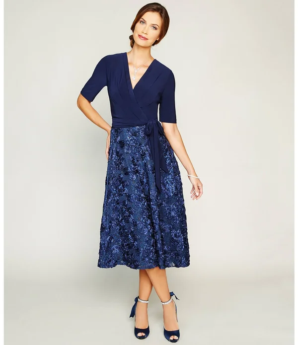 Alex Evenings Women's Rosette Tea-Length Dress, Blue 6