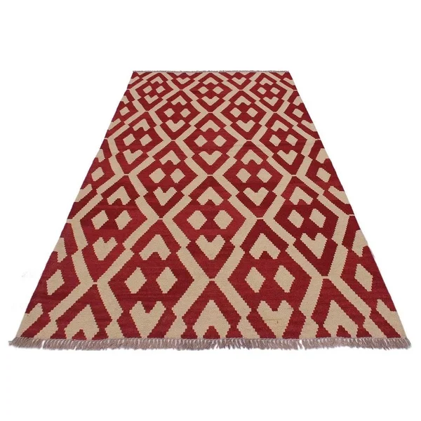 Kilim Angla Red/Ivory Hand-Woven Wool Rug -4&3 x 5&8 - 4 ft. 3 in. x 5 ft. 8 in. - 4 ft. 3 in. x 5 ft. 8 in.