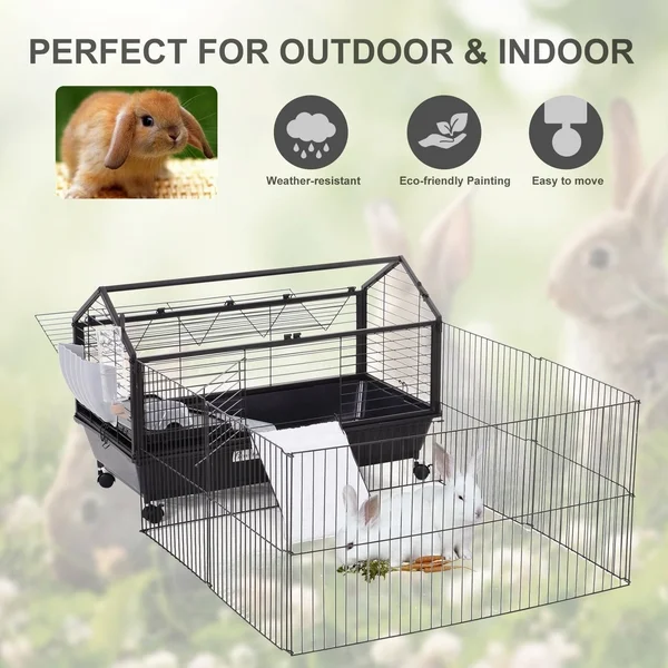 PawHut Rolling Metal Rabbit, Guinea Pig, or Small Animal Hutch Cage with Main House and Run