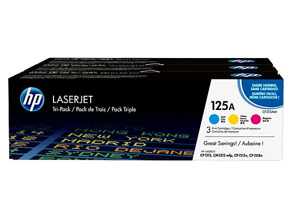 HP Color LaserJet CP1215 Toner Cartridges - HP 125A 3-Pack Cyan/Magenta/Yellow Original LaserJet Toner Cartridges - CE259A