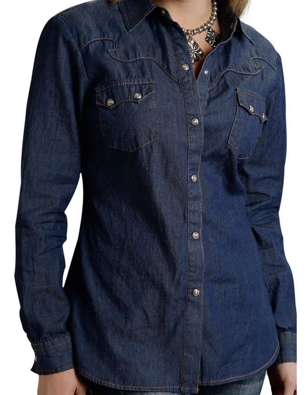 Roper Western Shirt Womens L/S Denim Snap Blue 03-050-0594-6030 BU