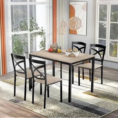 5-Piece Industrial Wooden Dining Set with Metal Frame and 4 Ergonomic Chairs Gracie Oaks Table Top Color: Oak, Chair Color: Oak