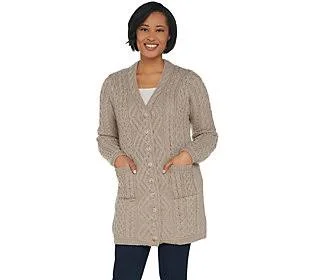 ShWk9/20 AranCraft Merino Wool Boyfriend Buttonfront Cardigan - Size X-Large, Stone