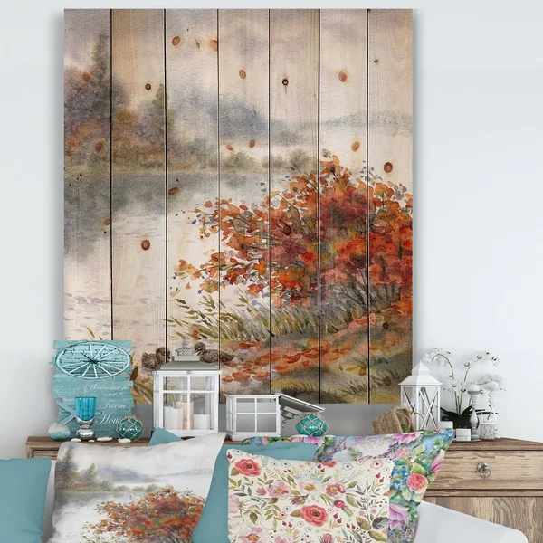Designart 'View of The Lake in Autumn' Traditional Print on Natural Pine Wood - 25 in. Wide x 35 in. High