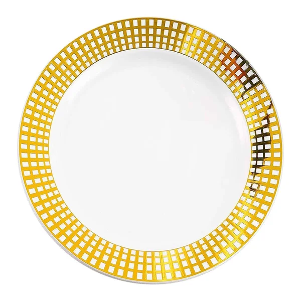 Gold Checkered Rim Disposable Plastic Plate Packs - Party Supplies (White with Gold Rim - 120pcs - Dinner Plates)