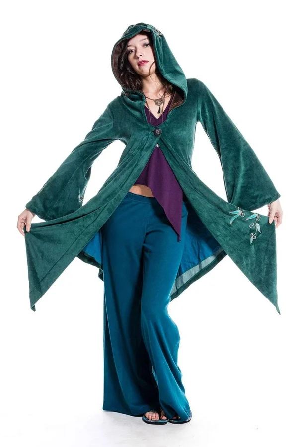 Faery Goddess Coat - Long Velvet Boho Jacket, Hippie Pixie Goa Psy Trance Fairy Cosplay Festival Clothing, Plus Size Faerie