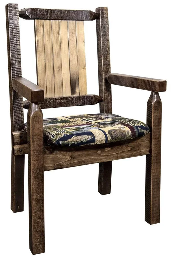 Montana Woodworks Homestead Collection Captain&s Chair - Woodland Upholstery w/ Laser Engraved Moose Design, Stain & Lacquer