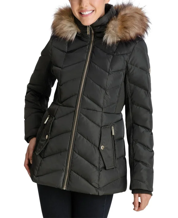 Michael Michael Kors Faux-Fur-Trim Hooded Down Puffer Coat - Created for Macy&s - Dark Moss
