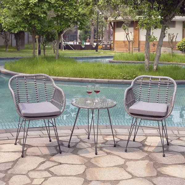 Outdoor Living 3 Piece Patio Wicker Chair Set with Coffee Table - Grey