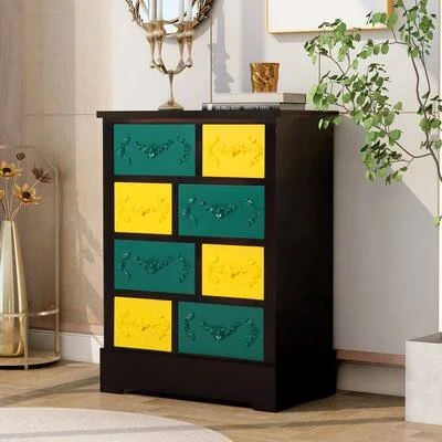 Retro 8-Drawer Apothecary Chest with Elegant Flower Carving for Livingroom - Entrance Bungalow Rose