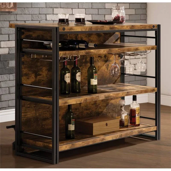 Bowery Hill Industrial Home Bar Unit with Stemware Rack in Antique Nutmeg