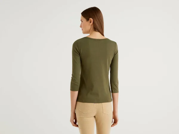 Benetton - T-Shirt with Boat Neck in 100% Cotton, Size XL, Military Green, Women