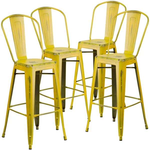Flash Furniture 4 Pk. 30&& High Distressed Metal Indoor-Outdoor Barstool with BACK, Yellow