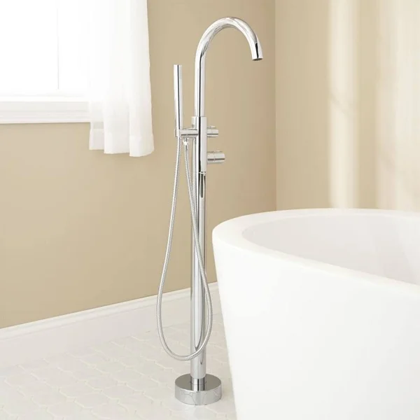 Signature Hardware 926769 Algos Floor Mounted Tub Filler Faucet - Includes Hand Shower Chrome Faucet Tub Filler Double Handle 40